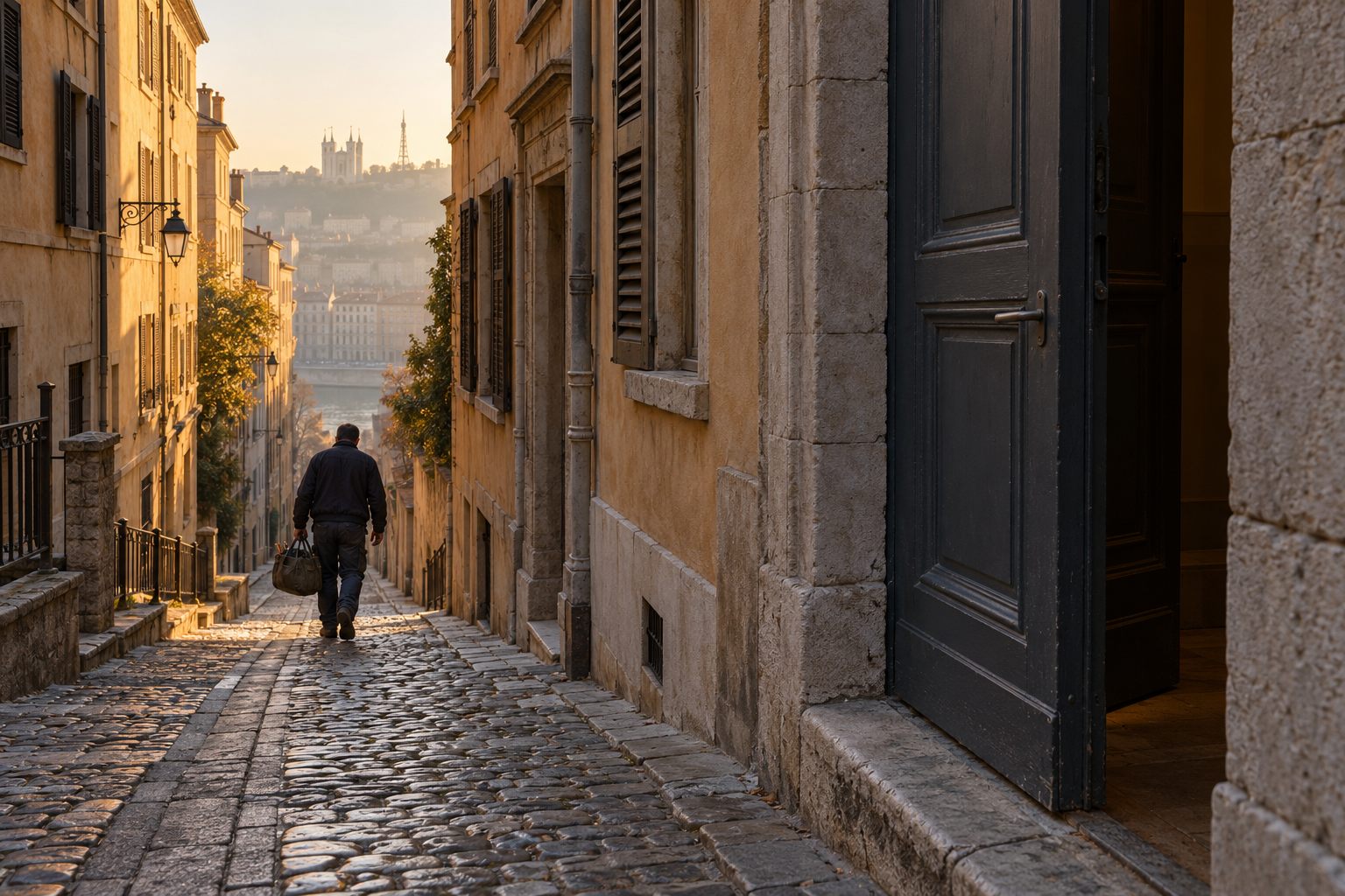 Rue pavée d'un quartier ancien de Lyon au petit matin, porte d'entrée d'immeuble entrouverte au premier plan et silhouette d'un artisan de dos au loin