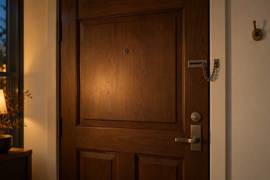 Porte d'entrée en bois vue de l'intérieur le soir, avec judas et chaîne de sécurité, éclairée par une lampe chaude et une fenêtre, dans une ambiance vigilante mais sereine.