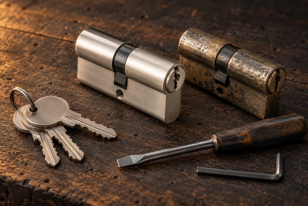 Cylindre européen neuf en nickel brossé posé sur un établi en bois sombre à côté d'un ancien cylindre usé, avec un trousseau de clés, un tournevis et une clé hexagonale.
