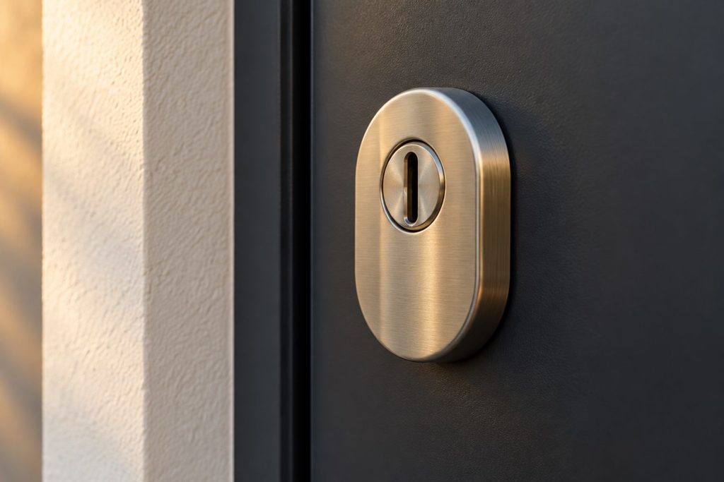 Gros plan sur une porte d'entrée moderne anthracite équipée d'une rosace de protection de cylindre en acier brossé, éclairée par une lumière dorée rasante, avec un mur crépi couleur craie sur la gauche.