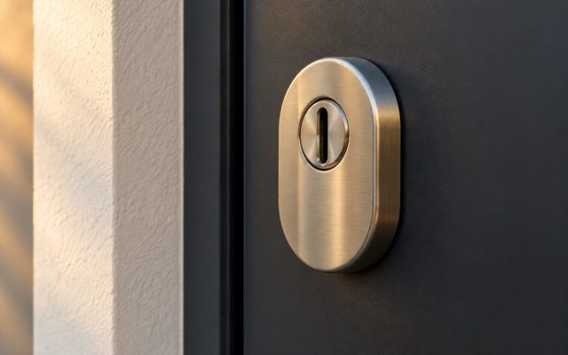 Gros plan sur une porte d'entrée moderne anthracite équipée d'une rosace de protection de cylindre en acier brossé, éclairée par une lumière dorée rasante, avec un mur crépi couleur craie sur la gauche.